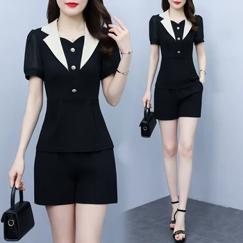2023 קוריאה אופנה גדולים של נשים קיץ חדשות מקסימום סלים אופנה שחור, מקסימום שחור מכנסיים קצרים 2Pcs סט