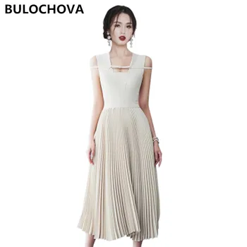 BULOCHOVA קוריאני אופנה הקיץ אלגנטי קפלים שמלה ארוכה נשים כיכר צווארון ללא שרוולים מזג Vestidos נקבה 2023 חדש