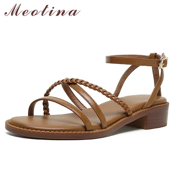 Meotina נעלי נשים עור אמיתי סנדלי שטוח צר סנדלי קרסול רצועה אבזם נעלי קיץ בוהן מרובע גברת סנדלי 40