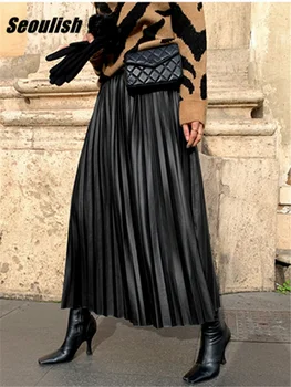 Seoulish סתיו החורף חדש 2022 Faux עור PU עם קפלים חצאיות ארוכות לנשים גבוהה המותניים כל-התאמה מטריה שיק חצאיות נקבה
