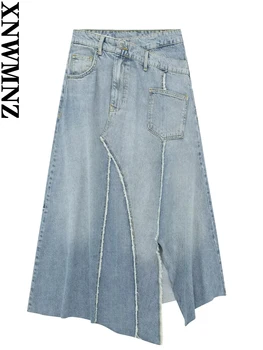 XNWMNZ אופנת נשים 2023 אסימטרי מכפלת ג ' ינס חצאית נשים High Street גבוהה המותניים תכליתי נקבה שיק Midi חצאית