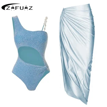 ZAFUAZ 2023 סקסי 3D פרח פנינה רצועת כתף הקשר מבריק מרקם חלק אחד של בגדי ים בגדי ים חצאית ביקיני סט שמלת החוף