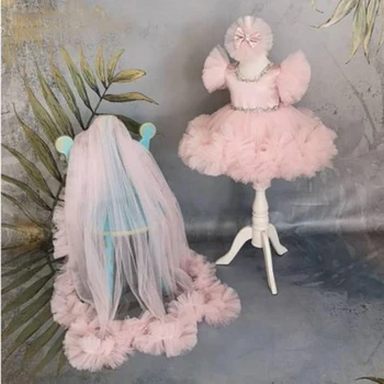 ורוד נסיכה להתלבש פנינים חרוזים נפוח יום ההולדת הראשון שמלת פרח ילדה שמלות חמוד ילדים שמלת ילדות צילום